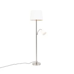 QAZQA Klassieke Vloerlamp Staal Met Witte Kap En Leeslampje - Retro