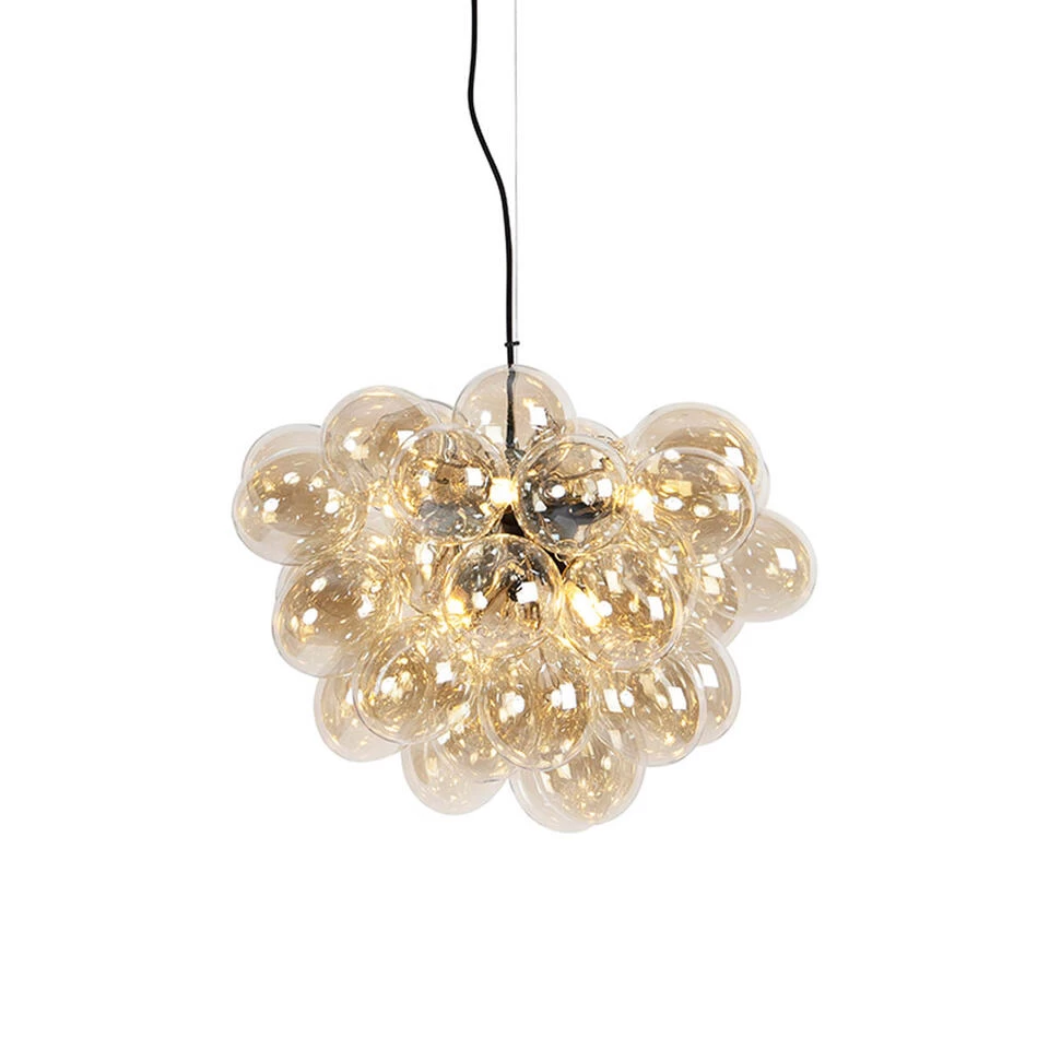 QAZQA Art Deco Hanglamp Zwart Met Amber Glas 8-lichts - Uvas 3 QAZQA Art Deco Hanglamp Zwart Met Amber Glas 8-lichts - Uvas
