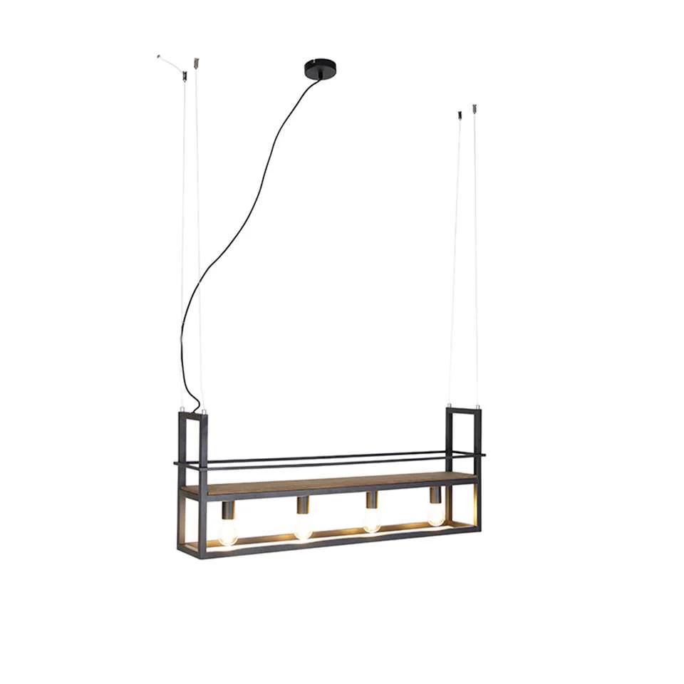 QAZQA Industriële Hanglamp Zwart Met Hout En Rek 4-lichts - Cage Rack 4 QAZQA Industriële Hanglamp Zwart Met Hout En Rek 4-lichts - Cage Rack - Afbeelding 2