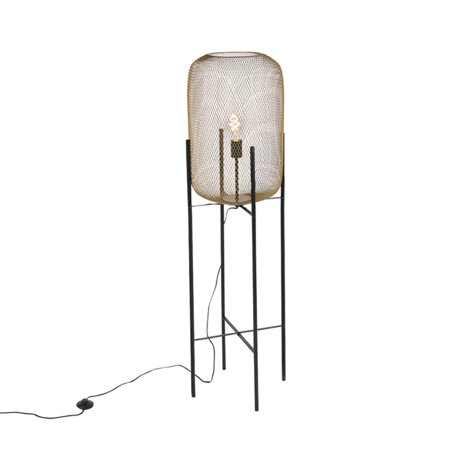 QAZQA Moderne Zwart Met Gouden Vloerlamp - Bliss Mesh 3 QAZQA Moderne Zwart Met Gouden Vloerlamp - Bliss Mesh