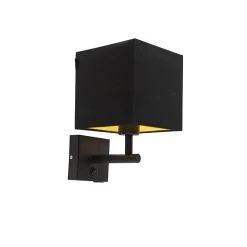 QAZQA Wandlamp Zwart Met USB En Vierkante Zwarte Kap - Combi 1